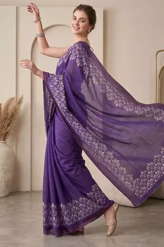 Purple linen solid bollywood digital print saree