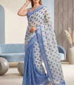 blue & white linen geometric bollywood digital print saree