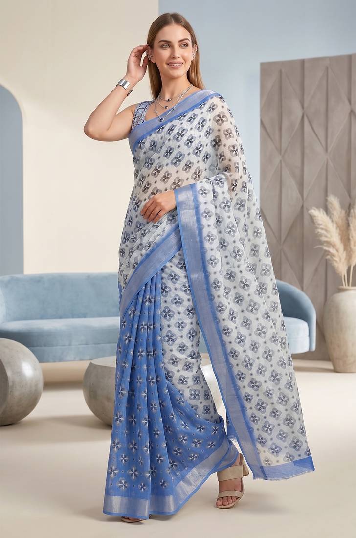 blue & white linen geometric bollywood digital print saree