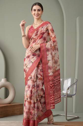 Multicolor linen floral bollywood digital print saree