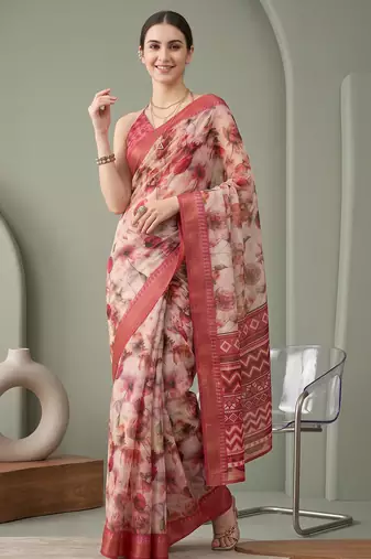 Multicolor linen floral bollywood digital print saree