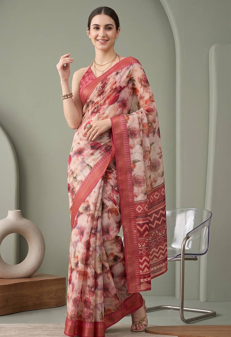 Multicolor linen floral bollywood digital print saree