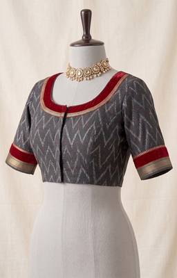 off-white & red chanderi zig-zag printed ready to wear saree 5