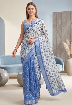 blue & white linen geometric bollywood digital print saree 2