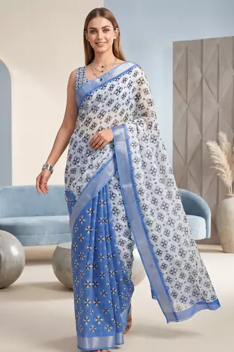 blue & white linen geometric bollywood digital print saree
