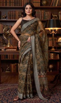 brown chanderi block printed ready to wear saree 3