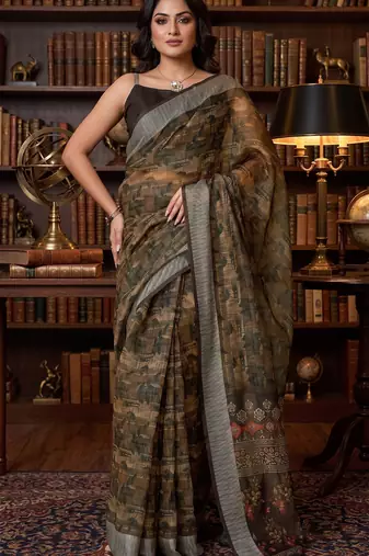 brown chanderi block printed ready to wear saree