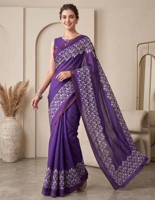 Purple linen solid bollywood digital print saree 3