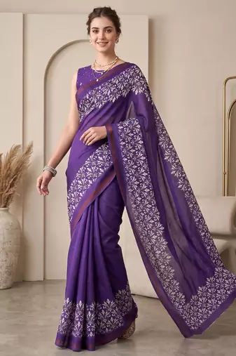Purple linen solid bollywood digital print saree