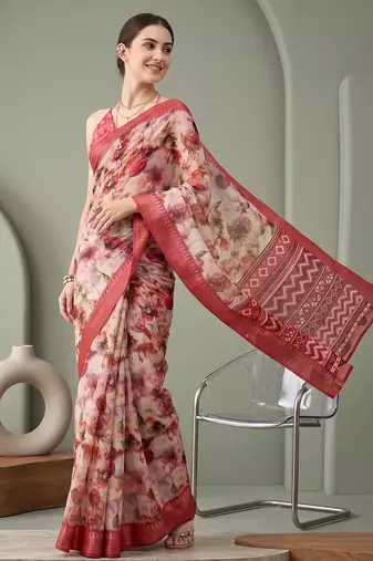 Multicolor linen floral bollywood digital print saree