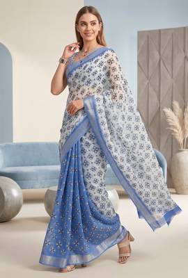 blue & white linen geometric bollywood digital print saree 3