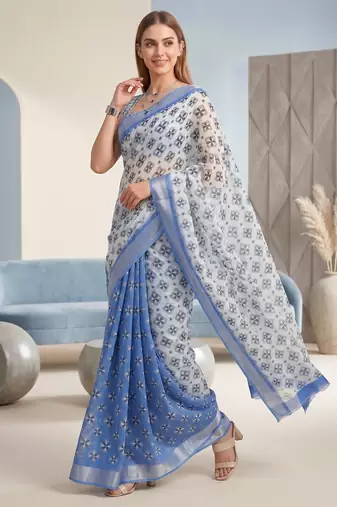 blue & white linen geometric bollywood digital print saree