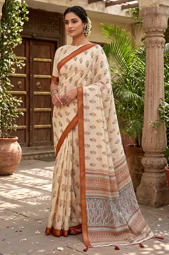 cream chanderi floral printed ready to wear saree