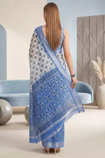blue & white linen geometric bollywood digital print saree