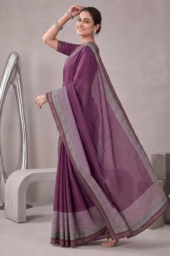 Megenta linen solid bollywood digital print saree