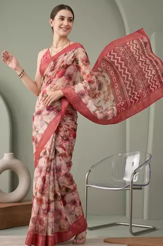 Multicolor linen floral bollywood digital print saree