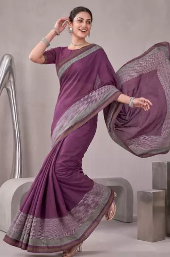 Megenta linen solid bollywood digital print saree