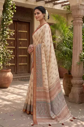 cream chanderi floral printed ready to wear saree