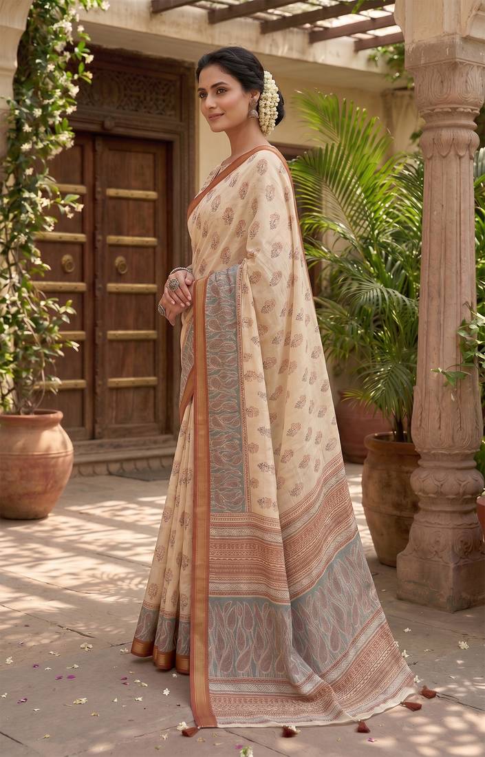 cream chanderi floral printed ready to wear saree