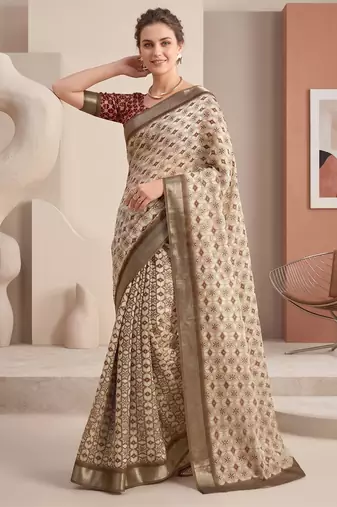 beige linen ajrakh print bollywood digital print saree