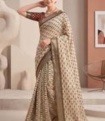 beige linen ajrakh print bollywood digital print saree