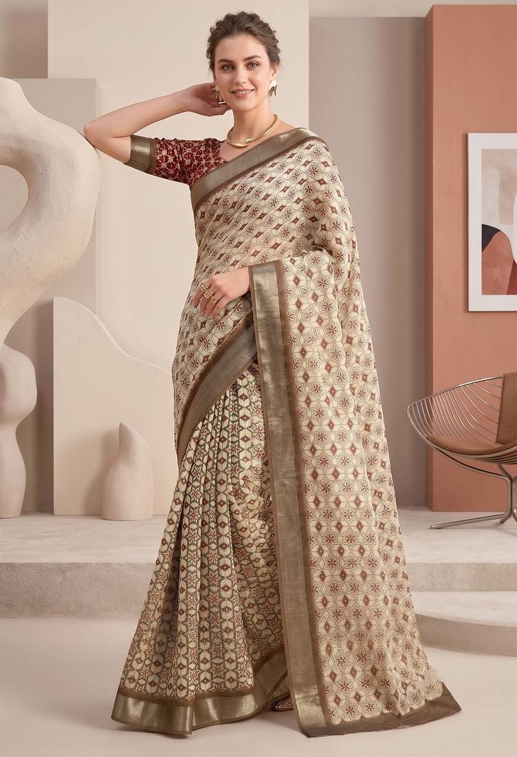 beige linen ajrakh print bollywood digital print saree