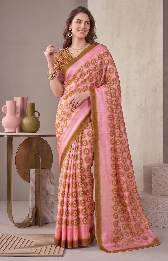 olive brown chanderi geometric digital print bollywood saree