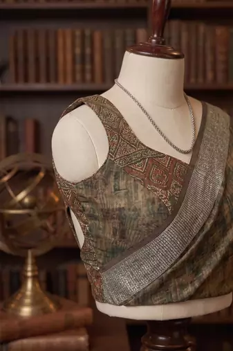 brown chanderi block printed ready to wear saree