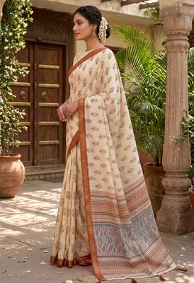 cream chanderi floral printed ready to wear saree 3