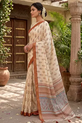 cream chanderi floral printed ready to wear saree