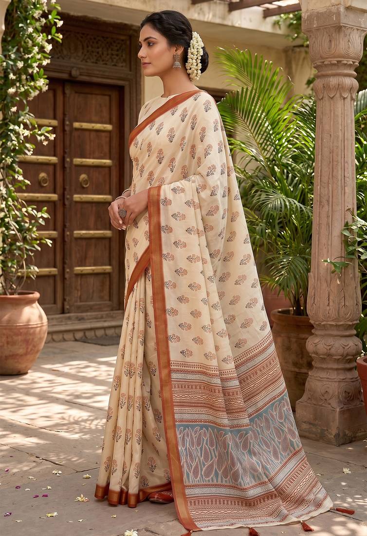 cream chanderi floral printed ready to wear saree