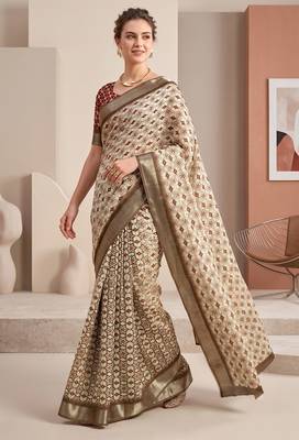 beige linen ajrakh print bollywood digital print saree 2