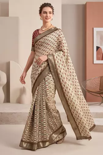 beige linen ajrakh print bollywood digital print saree