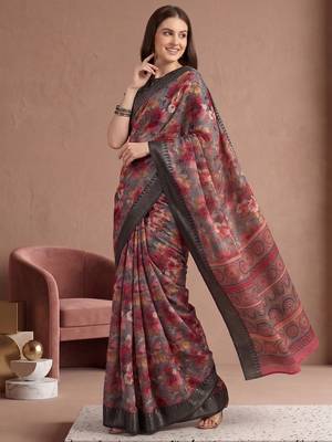 Multicolor linen floral bollywood digital print saree 1