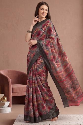 Multicolor linen floral bollywood digital print saree
