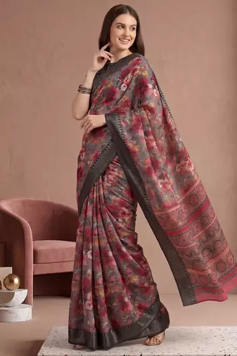 Multicolor linen floral bollywood digital print saree