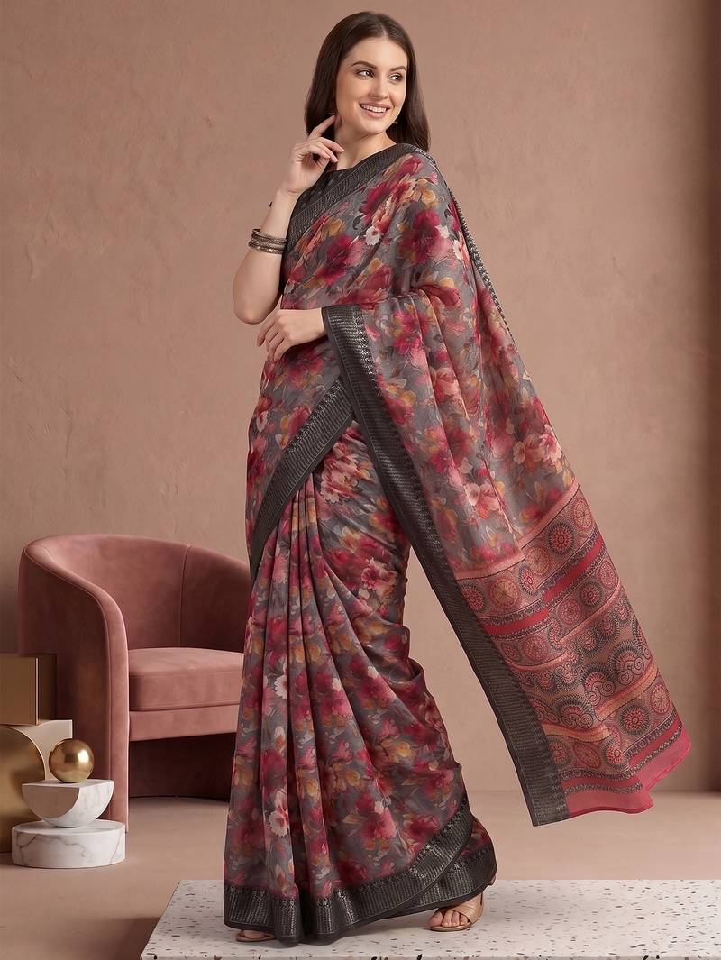 Multicolor linen floral bollywood digital print saree