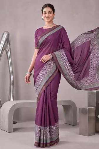 Megenta linen solid bollywood digital print saree