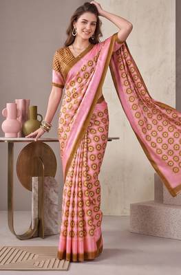 olive brown chanderi geometric digital print bollywood saree 2