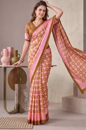 olive brown chanderi geometric digital print bollywood saree