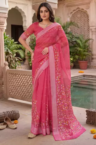 baby pink chanderi block printed ready to wear saree