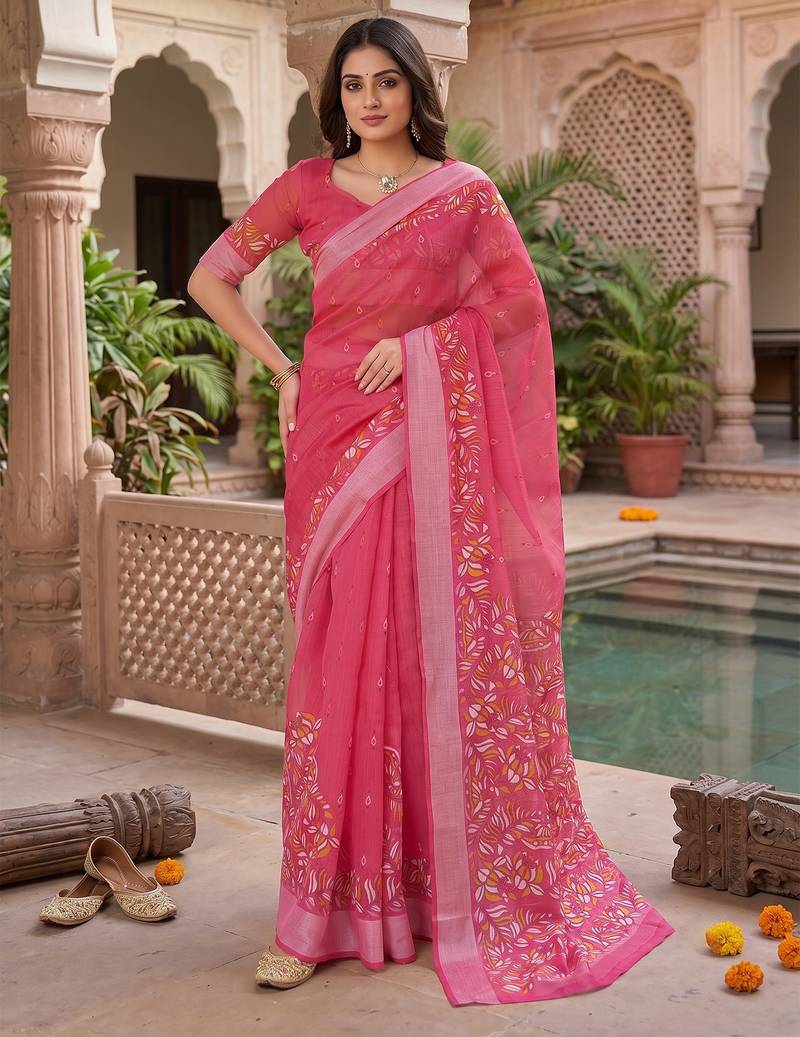 baby pink chanderi block printed ready to wear saree