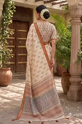 cream chanderi floral printed ready to wear saree