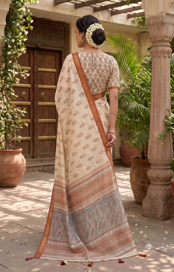 cream chanderi floral printed ready to wear saree