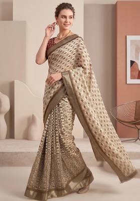 beige linen ajrakh print bollywood digital print saree 3