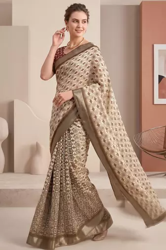 beige linen ajrakh print bollywood digital print saree