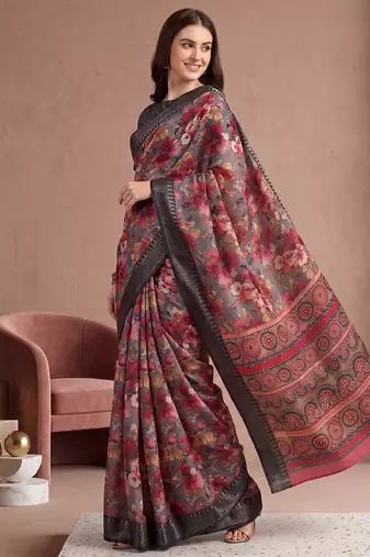 Multicolor linen floral bollywood digital print saree