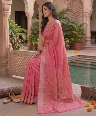 baby pink chanderi block printed ready to wear saree 2