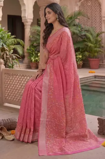 baby pink chanderi block printed ready to wear saree
