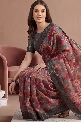 Multicolor linen floral bollywood digital print saree